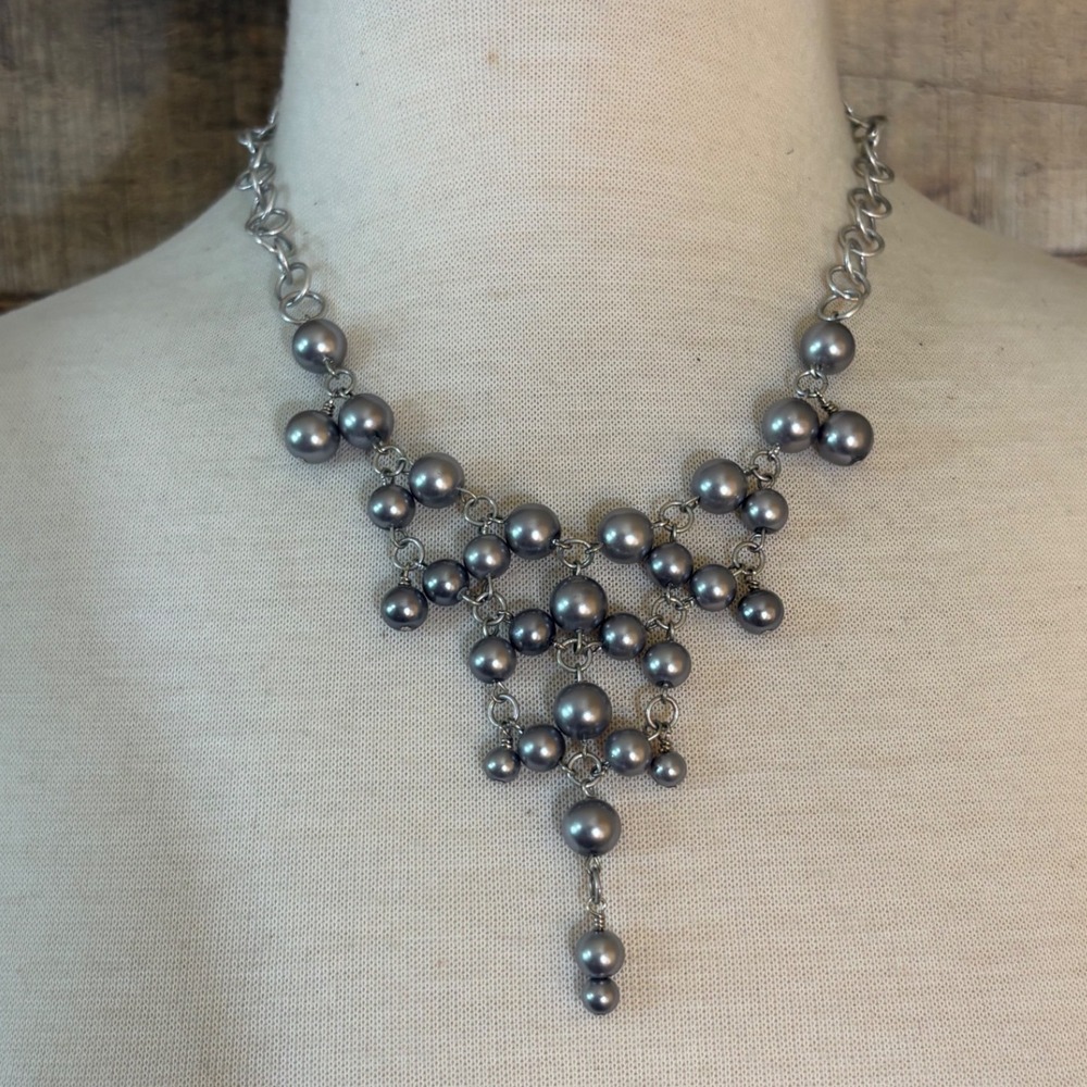 Grey Faux Pearl Bib Statement Necklace Silver Tone Link Chain Y-Drop
